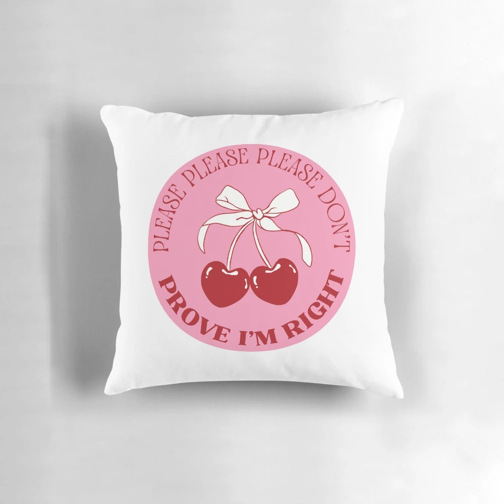 Vintage cherry-patterned pillow featuring Sabrina Carpenter's hit song "Please Please Please