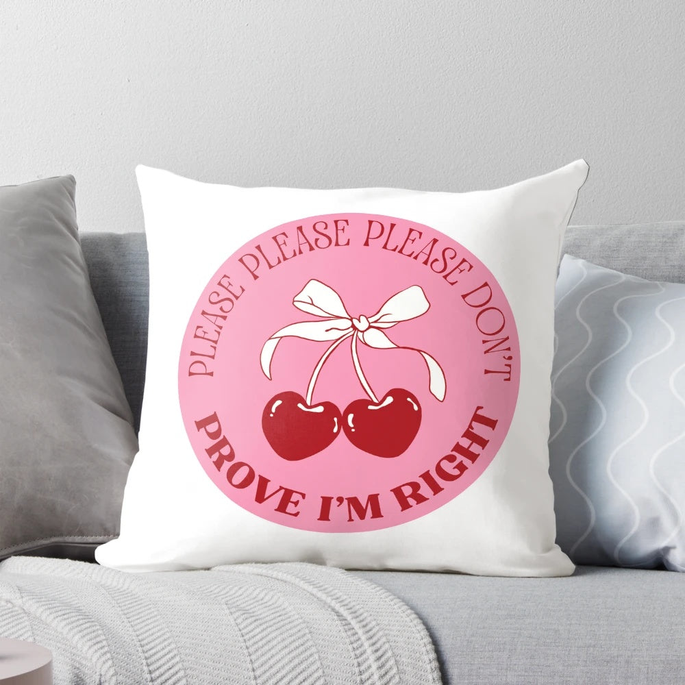 Vintage cherry-patterned pillow featuring Sabrina Carpenter's hit song "Please Please Please