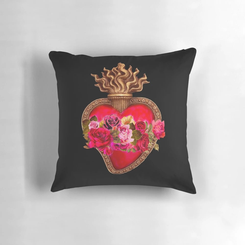 Red Flaming Sacred Heart Immaculate Heart Decorative Pillow
