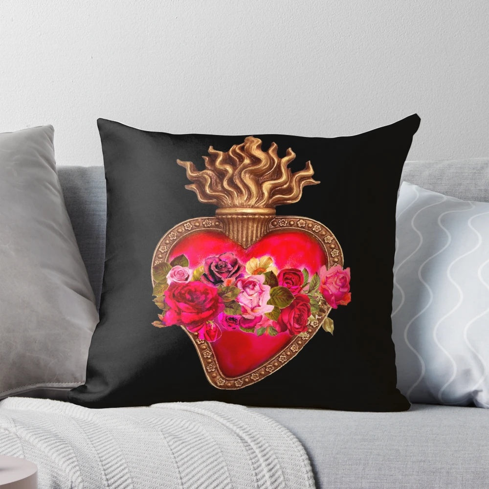 Red Flaming Sacred Heart Immaculate Heart Decorative Pillow