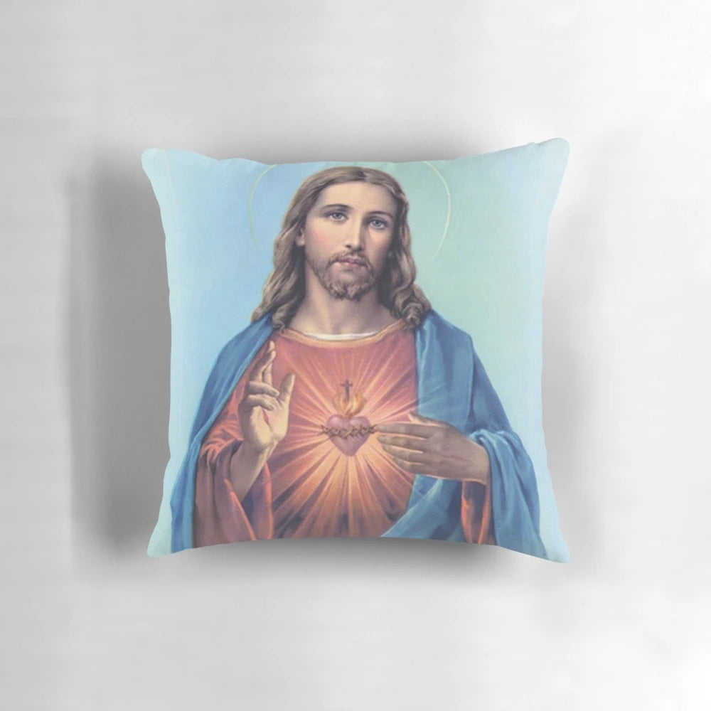 Sacred Heart of Jesus design printed on a soft, comfortable pillow.