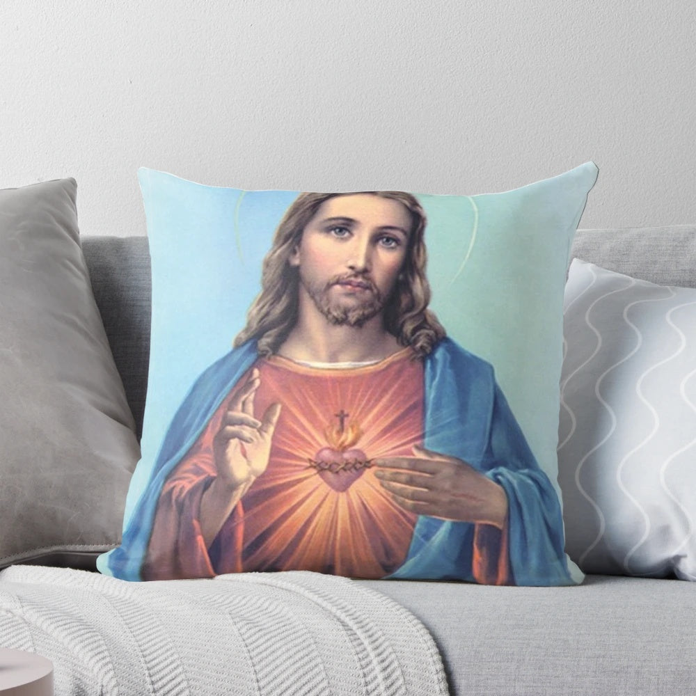 Sacred Heart of Jesus design printed on a soft, comfortable pillow.