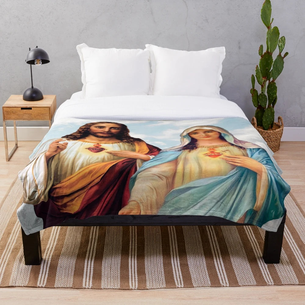 Sacred Hearts plush blanket with vibrant Catholic artwork of the Sacred Heart of Jesus and Immaculate Heart of Mary