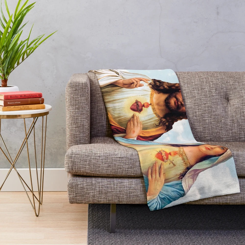 Sacred Hearts plush blanket with vibrant Catholic artwork of the Sacred Heart of Jesus and Immaculate Heart of Mary