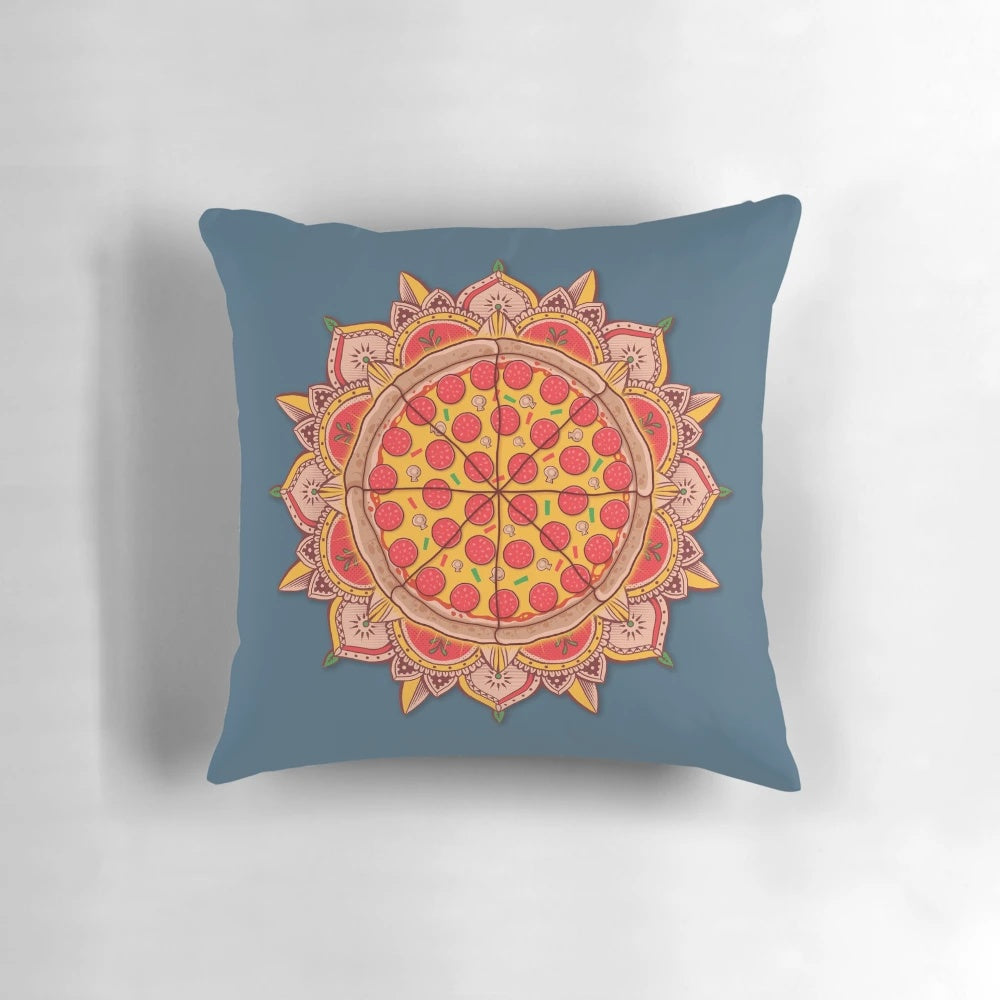 Sacred pizza mandala design printed on a soft, plush pillow for pizza enthusiasts