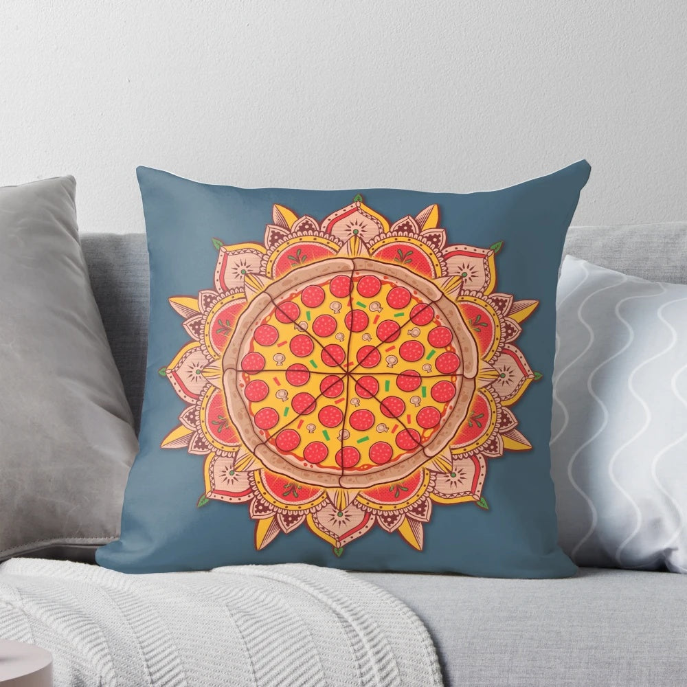 Sacred pizza mandala design printed on a soft, plush pillow for pizza enthusiasts