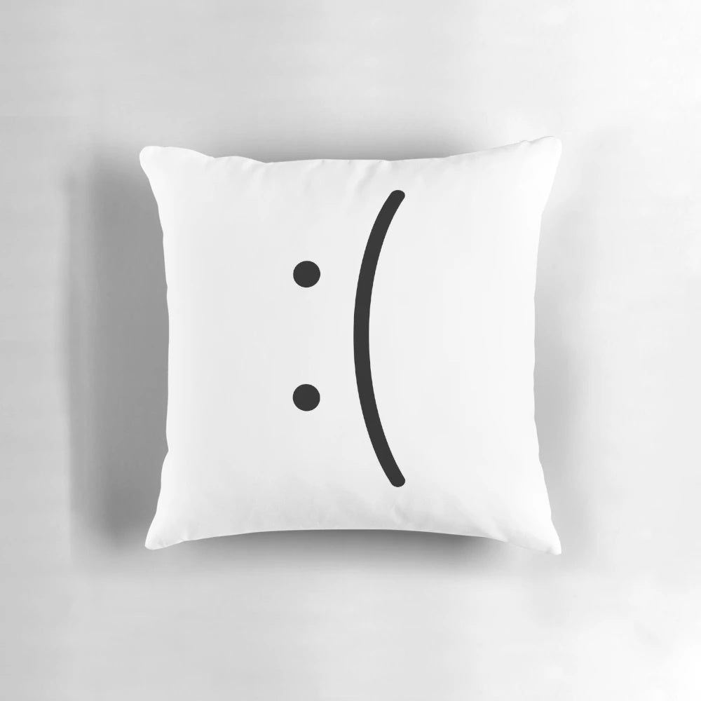 Sad face emoji decorative pillow, a cozy throw pillow featuring a whimsical emoji design for home or bedroom decor.