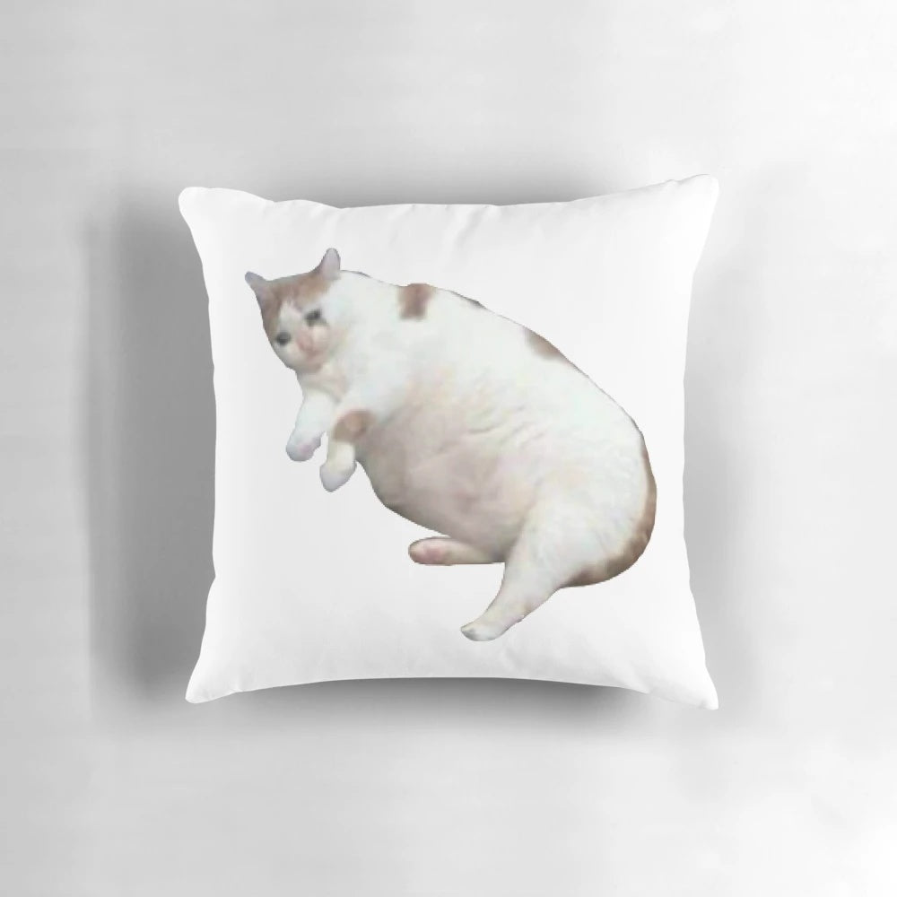 Plush cat-shaped pillow featuring an overweight, sad, and funny-looking feline