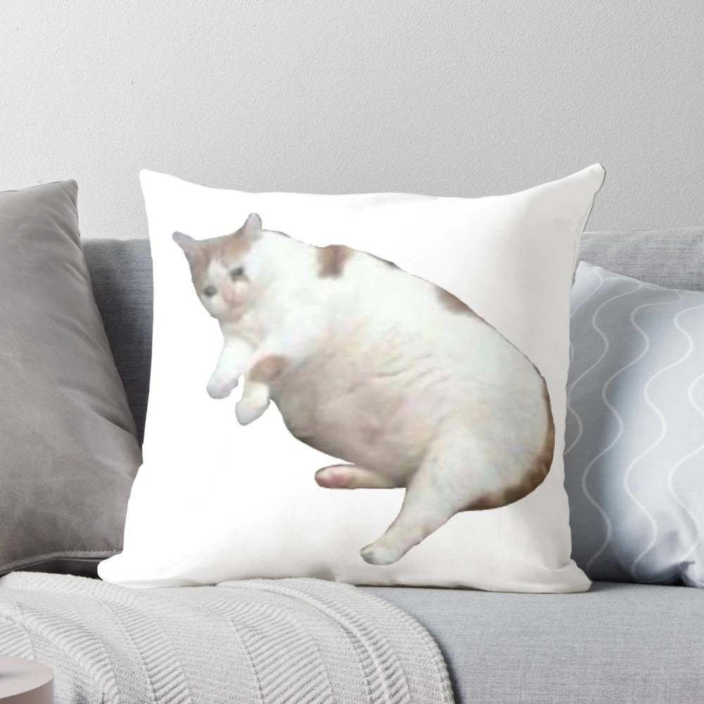 Plush cat-shaped pillow featuring an overweight, sad, and funny-looking feline