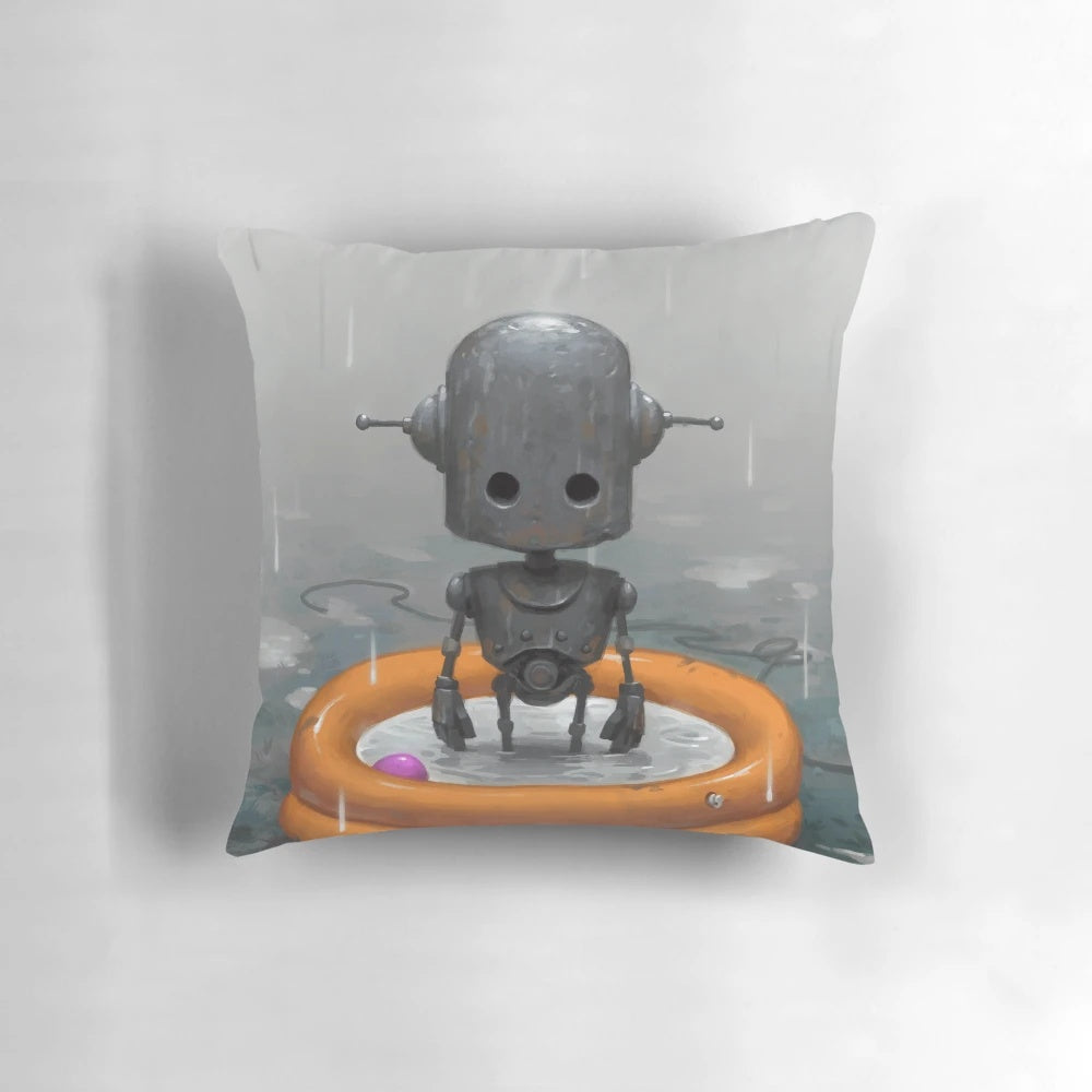 Plush grey robot-shaped pillow with a dejected expression, perfect for adding a touch of melancholy to any room.