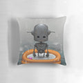 Plush grey robot-shaped pillow with a dejected expression, perfect for adding a touch of melancholy to any room.
