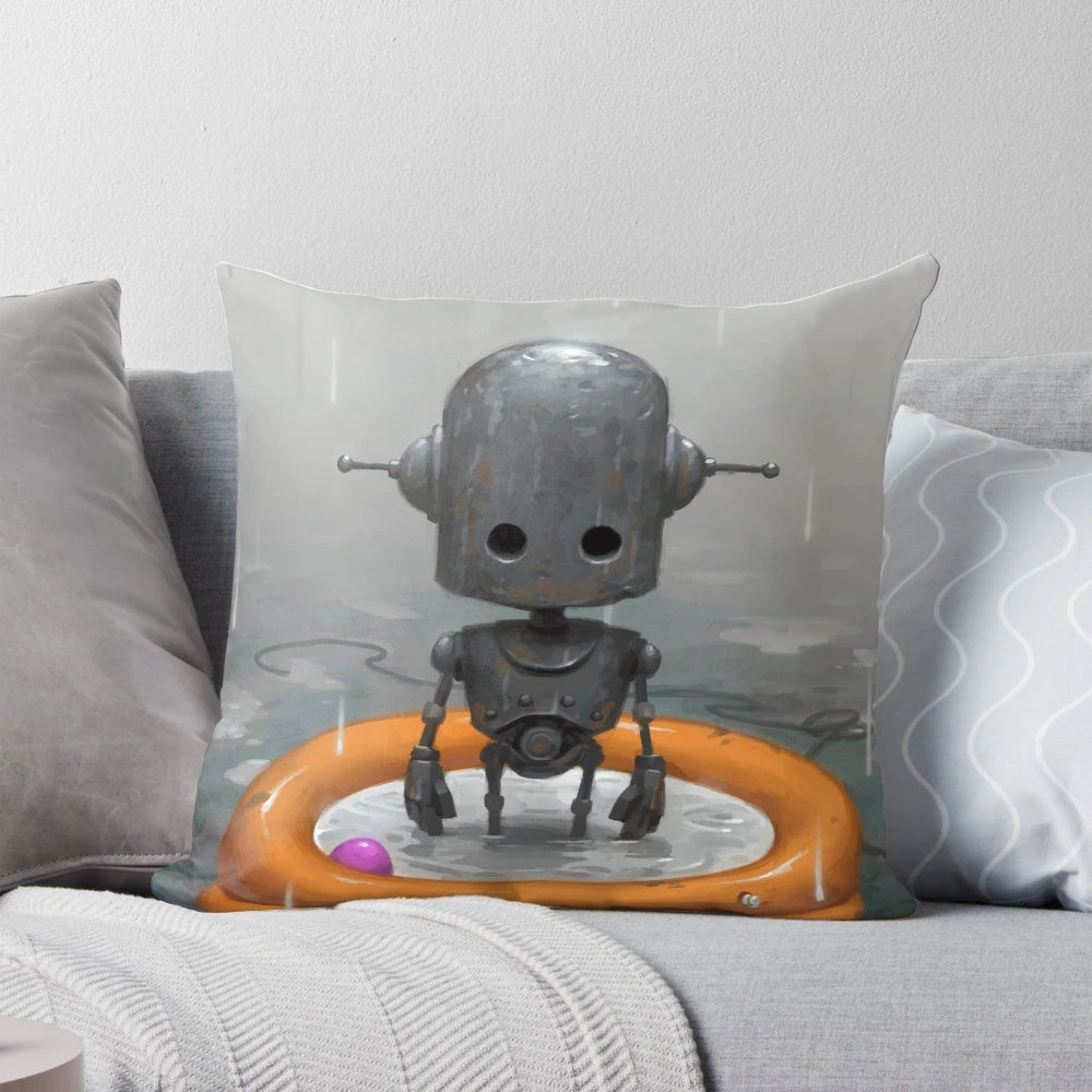 Plush grey robot-shaped pillow with a dejected expression, perfect for adding a touch of melancholy to any room.