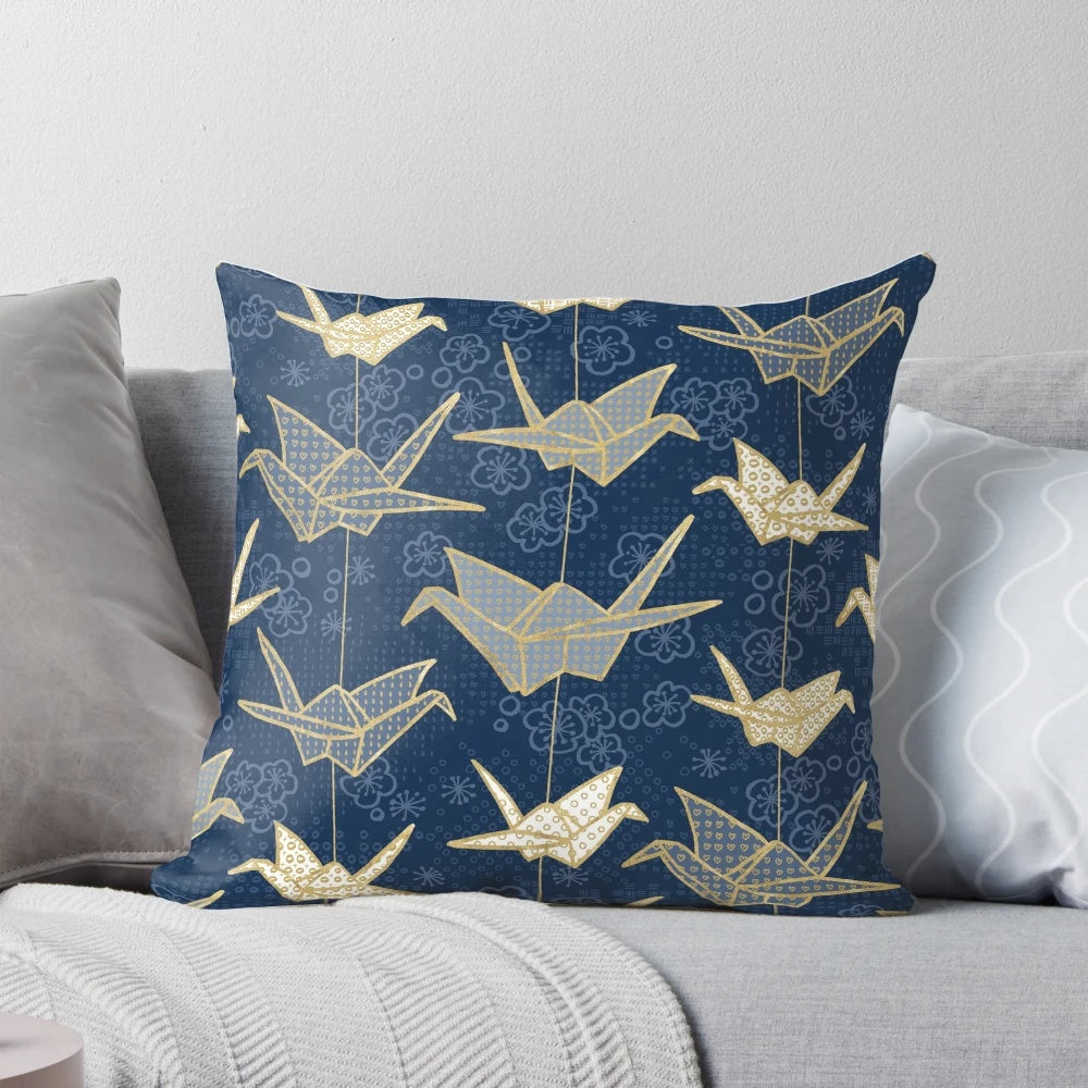 Sadako's Good Luck Cranes Pillow - Delicate Japanese Origami Paper Crane Design