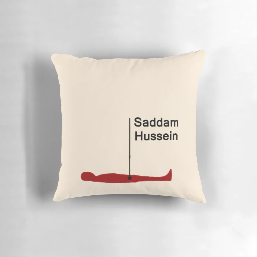 Pillow featuring a satirical diagram of Saddam Hussein's secret underground hiding spot