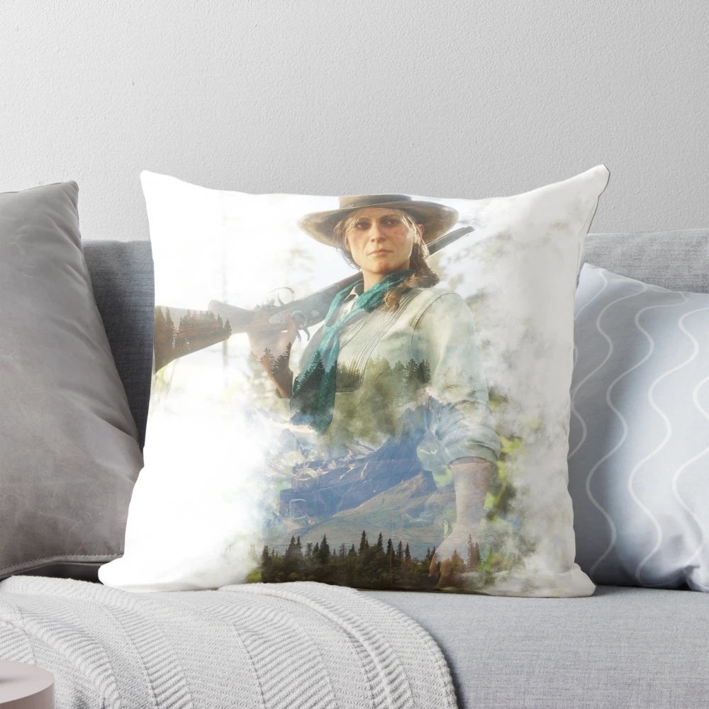 Decorative throw pillow featuring the character Sadie Adler from the video game Red Dead Redemption 2.
