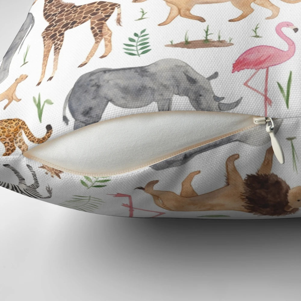 A colorful watercolor-style pattern featuring various safari animals like giraffes, zebras, and elephants on a throw pillow.