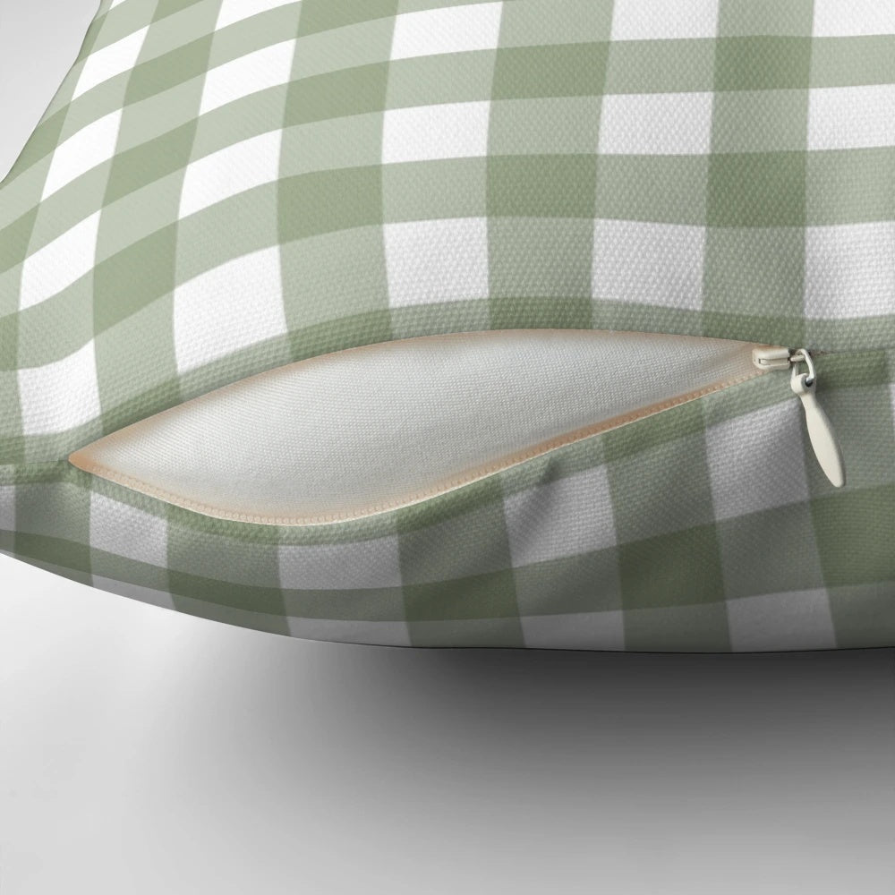 Sage green and white gingham plaid pattern pillow