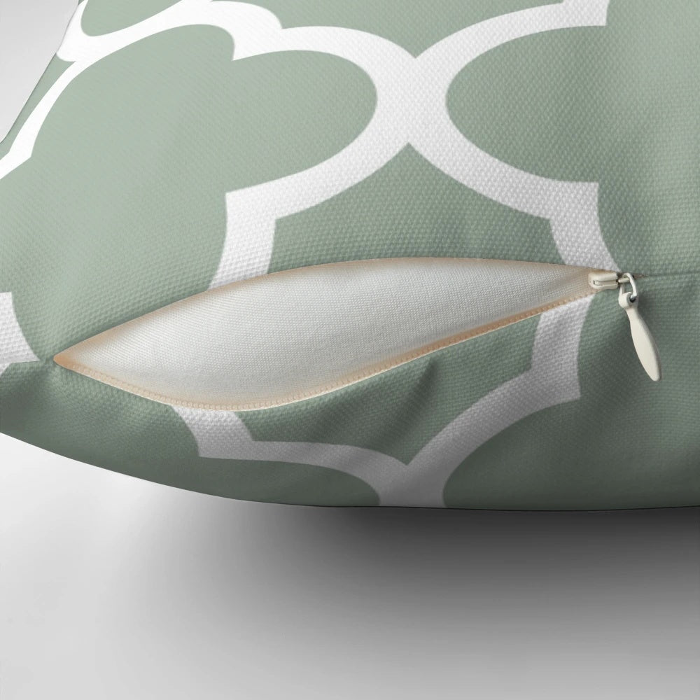 Sage green quatrefoil geometric pattern decorative pillow