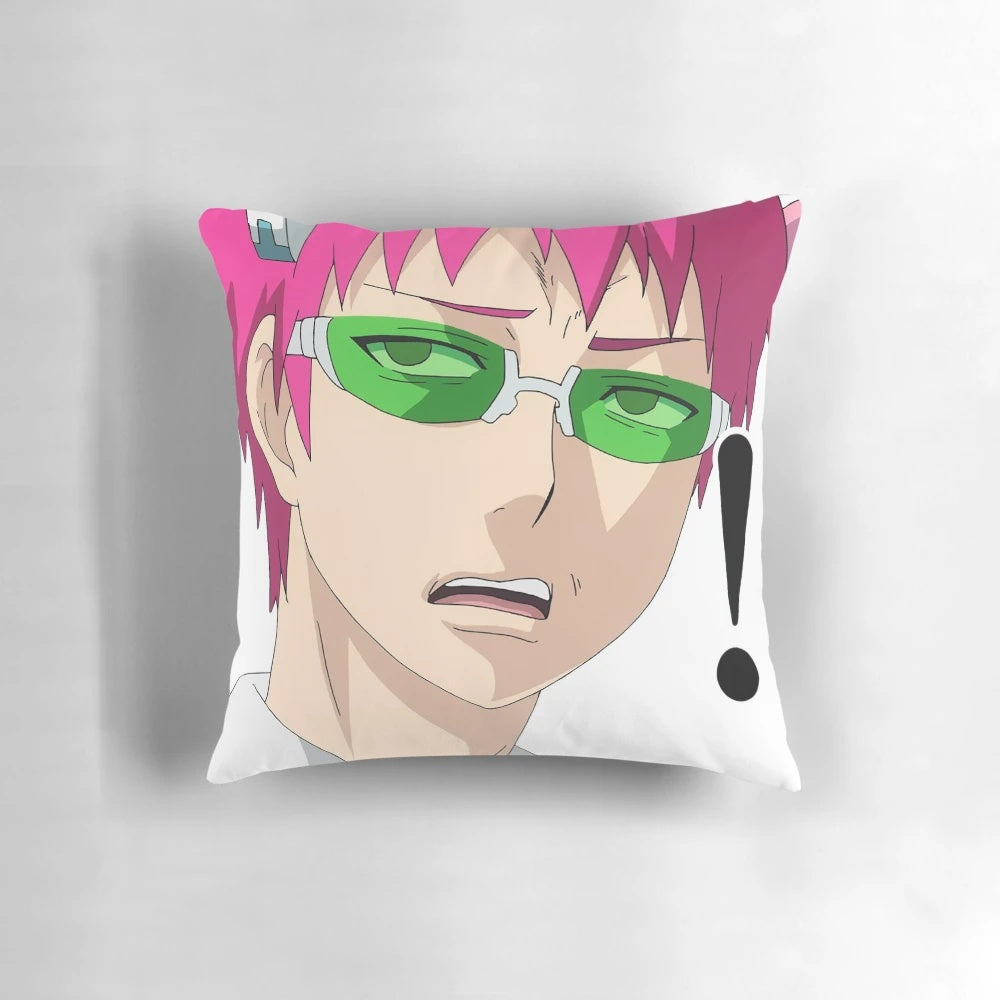 Soft and plush anime pillow featuring the confused face of Saiki Kusuo, the protagonist from the popular manga and anime series "The Disastrous Life of Saiki K.