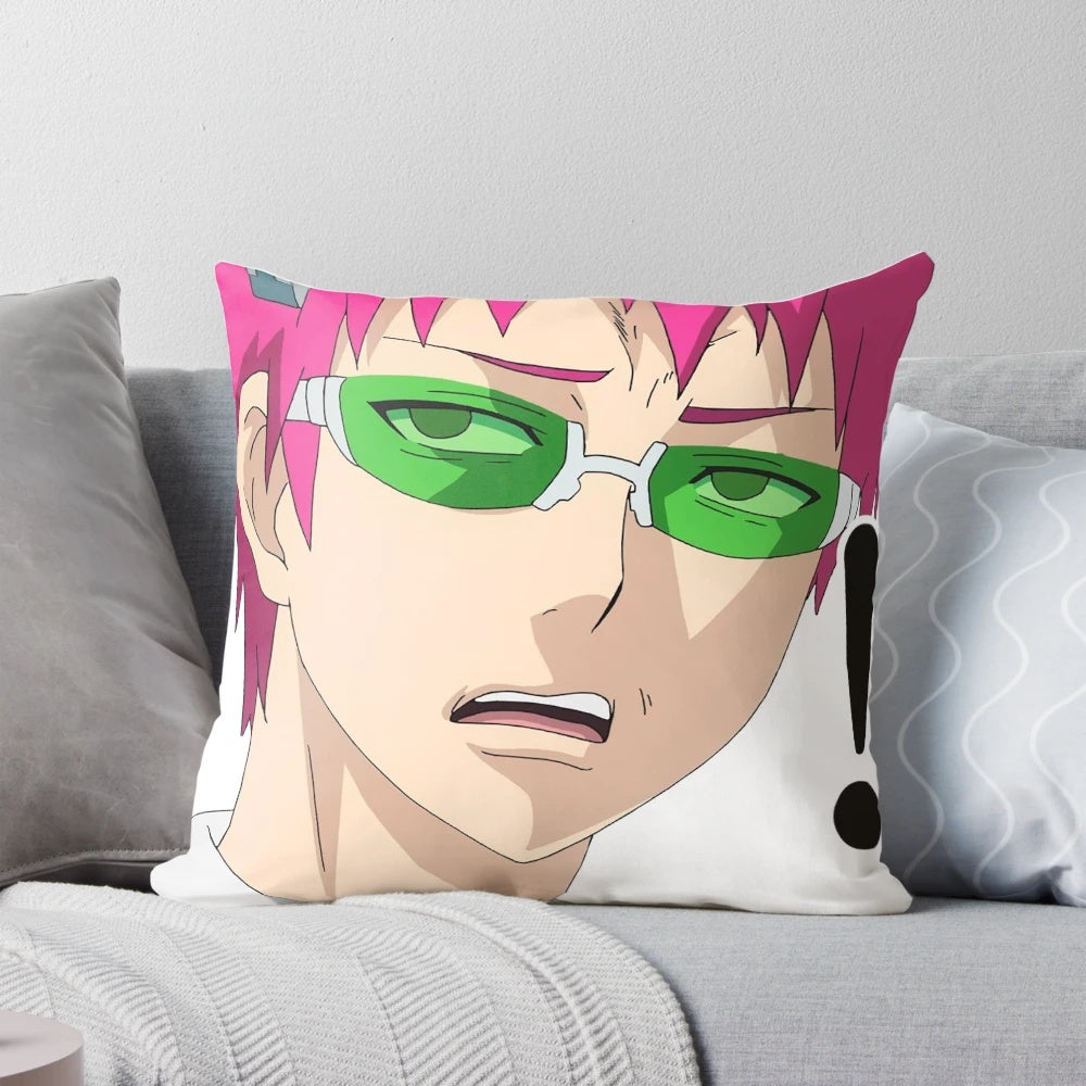 Soft and plush anime pillow featuring the confused face of Saiki Kusuo, the protagonist from the popular manga and anime series "The Disastrous Life of Saiki K.