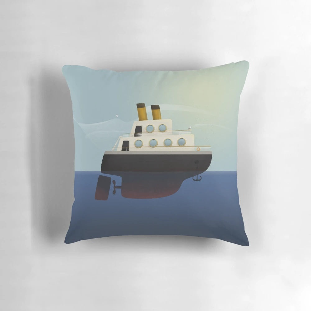 Decorative nautical-themed pillow featuring a stylized illustration of a boat sailing on the open sea