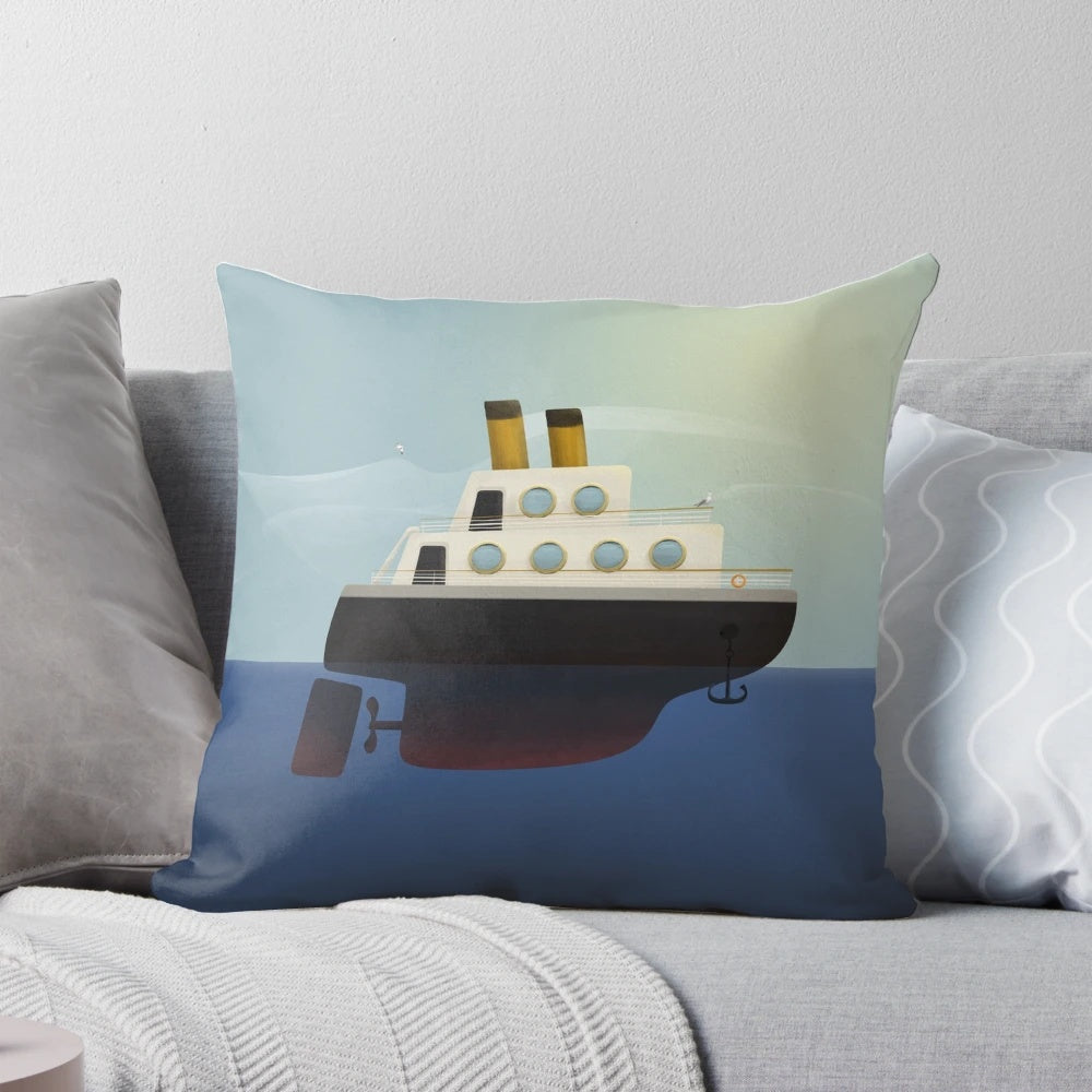 Decorative nautical-themed pillow featuring a stylized illustration of a boat sailing on the open sea