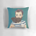 A decorative sailor-themed throw pillow with nautical elements like a seagull, stripes, and beard for coastal home decor.
