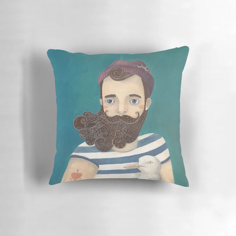 A decorative sailor-themed throw pillow with nautical elements like a seagull, stripes, and beard for coastal home decor.