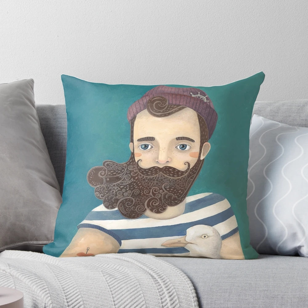 A decorative sailor-themed throw pillow with nautical elements like a seagull, stripes, and beard for coastal home decor.