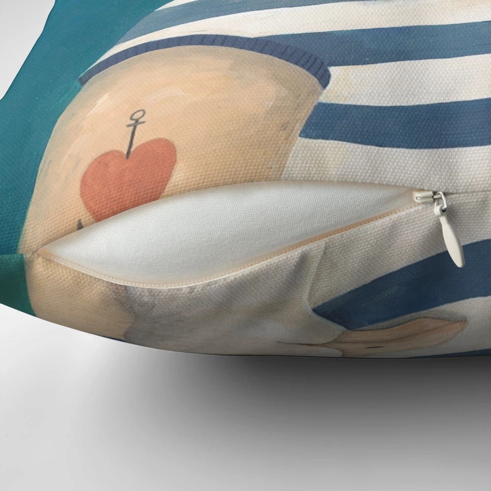 A decorative sailor-themed throw pillow with nautical elements like a seagull, stripes, and beard for coastal home decor.