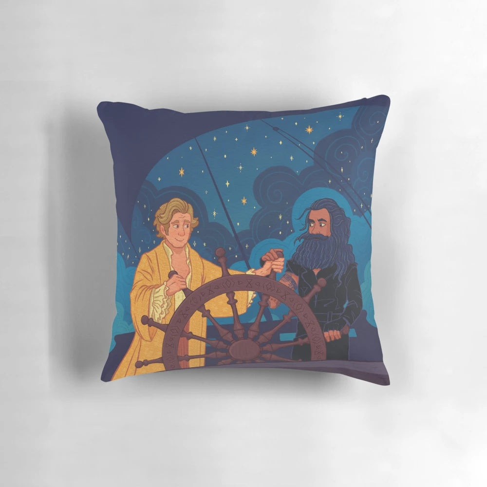 A plush pillow featuring the co-captains Stede Bonnet and Edward Teach from the hit TV series "Our Flag Means Death".