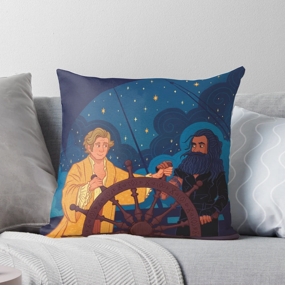 A plush pillow featuring the co-captains Stede Bonnet and Edward Teach from the hit TV series "Our Flag Means Death".
