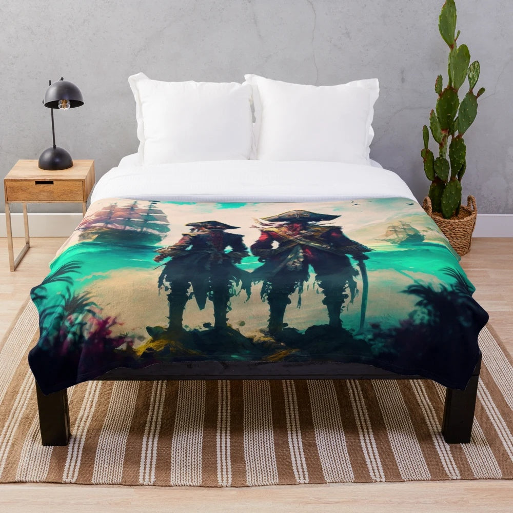 Plush ocean-themed blanket with pirate ship and ocean motif