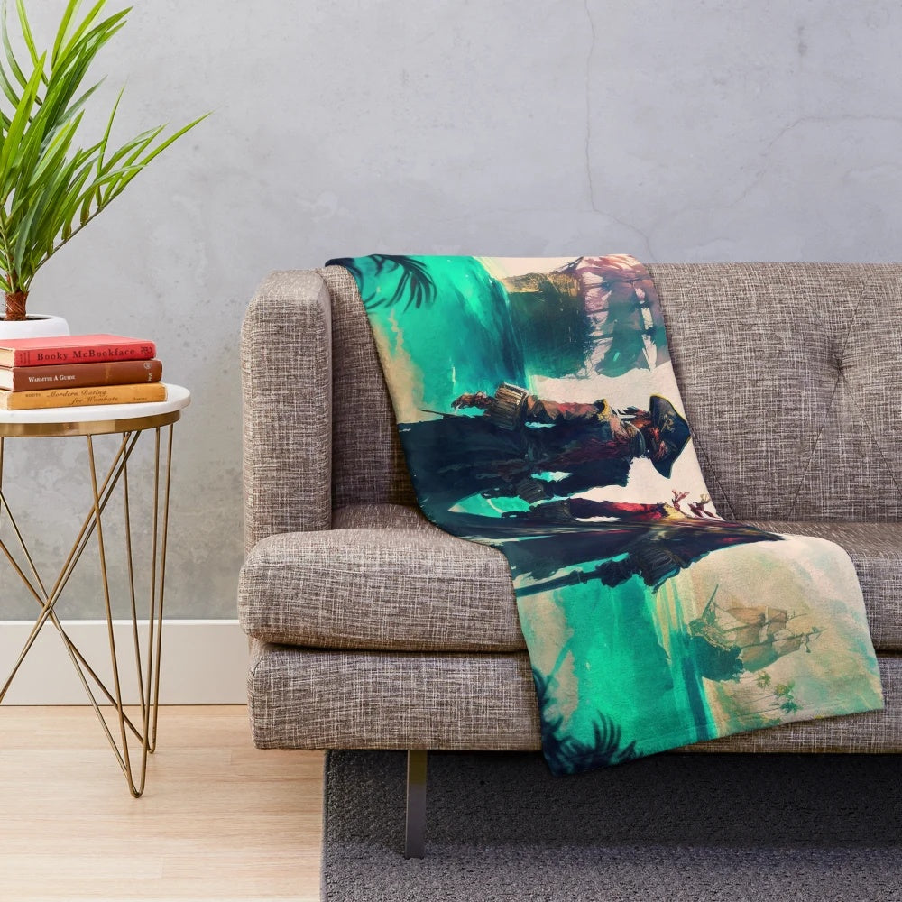 Plush ocean-themed blanket with pirate ship and ocean motif