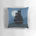 Sailing Under the Moon Pillow featuring a pen and ink illustration of a pirate ship under a full moon