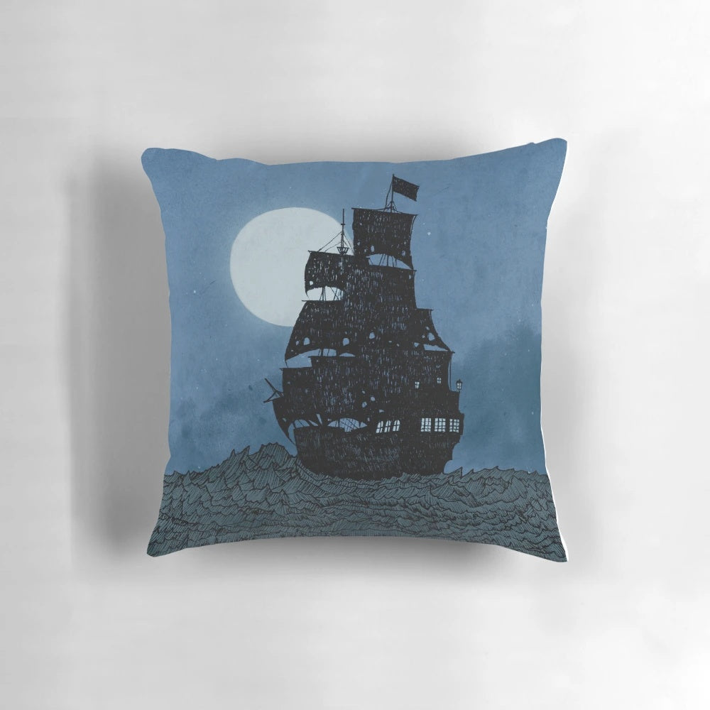 Sailing Under the Moon Pillow featuring a pen and ink illustration of a pirate ship under a full moon