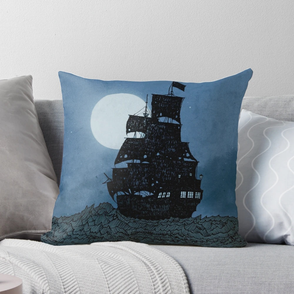 Sailing Under the Moon Pillow featuring a pen and ink illustration of a pirate ship under a full moon