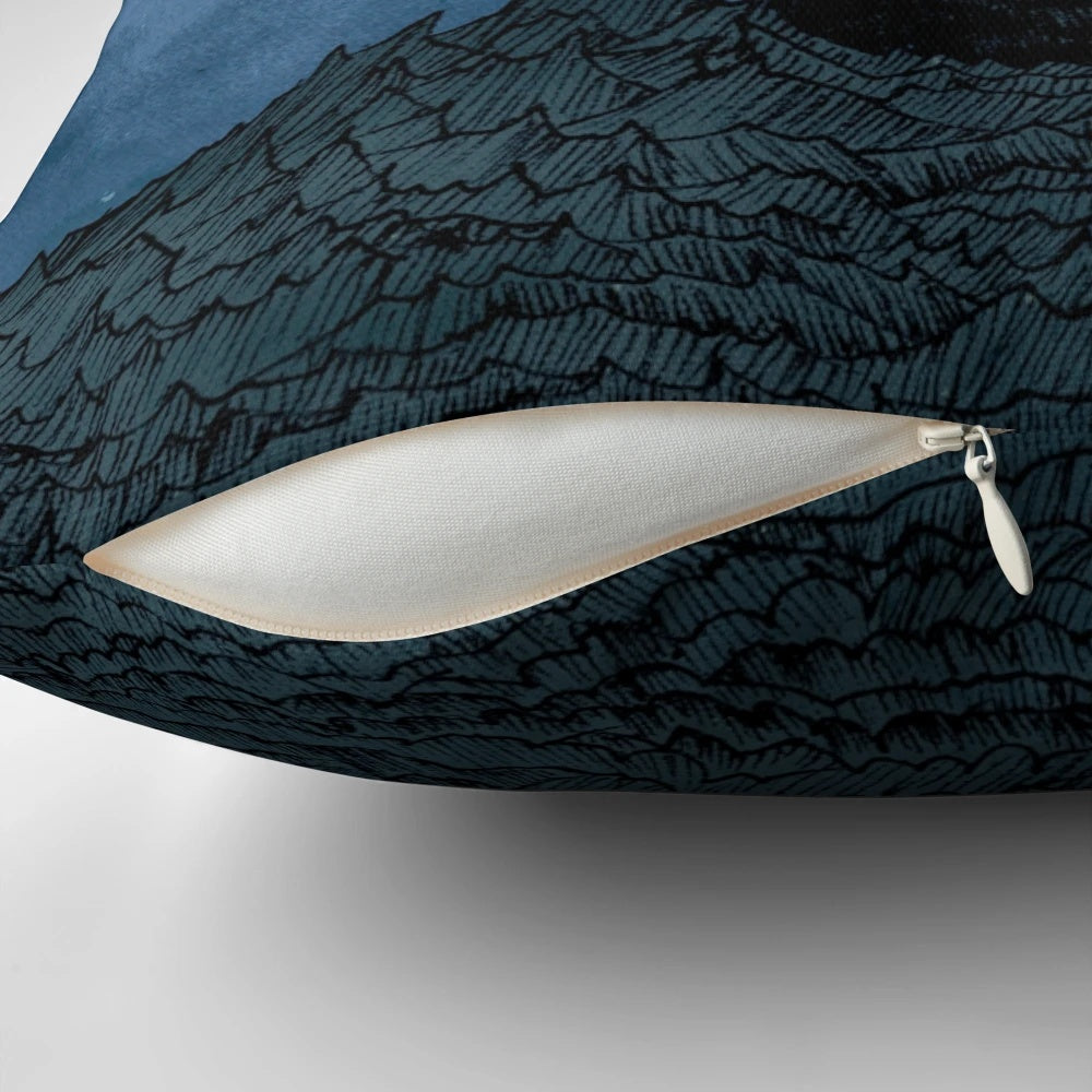 Sailing Under the Moon Pillow featuring a pen and ink illustration of a pirate ship under a full moon