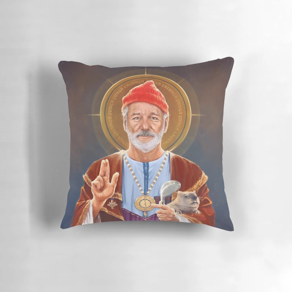 "Saint Bill Murray religious pop art pillow featuring an original painting of Bill Murray as a saint"