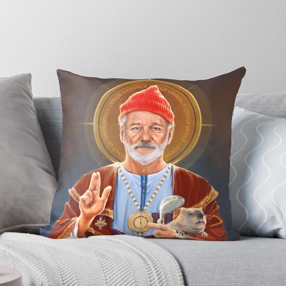 "Saint Bill Murray religious pop art pillow featuring an original painting of Bill Murray as a saint"