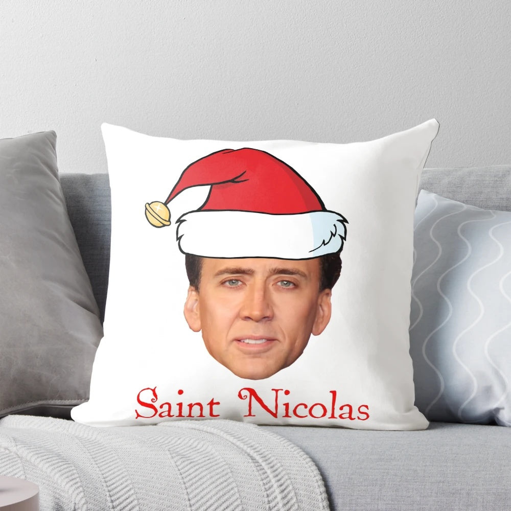 A festive pillow featuring the face of actor Nicholas Cage in a Santa-inspired design.