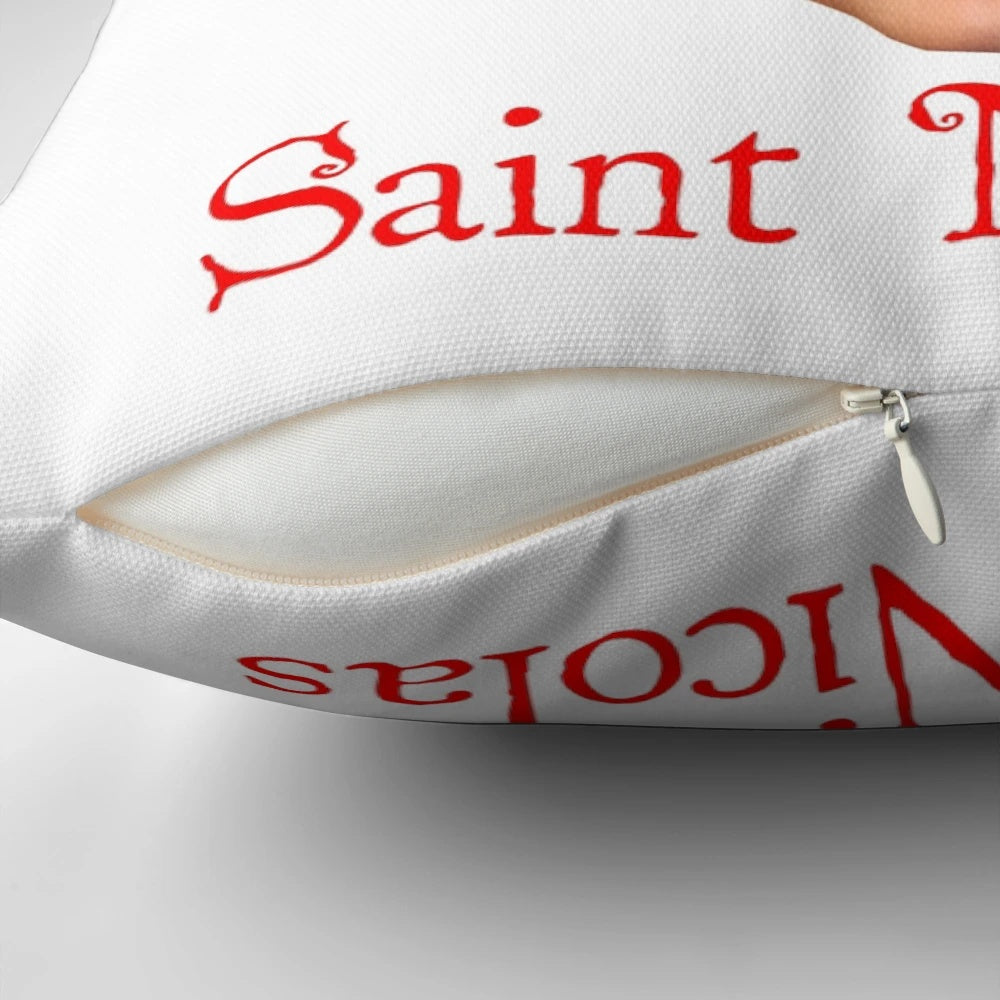 A festive pillow featuring the face of actor Nicholas Cage in a Santa-inspired design.