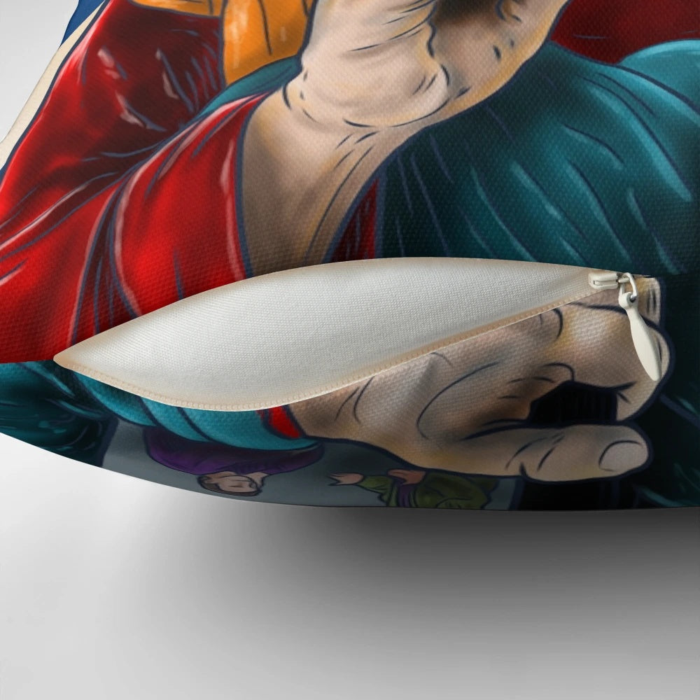 An image of a decorative pillow featuring the iconic actor Danny DeVito, depicted as a saintly figure.