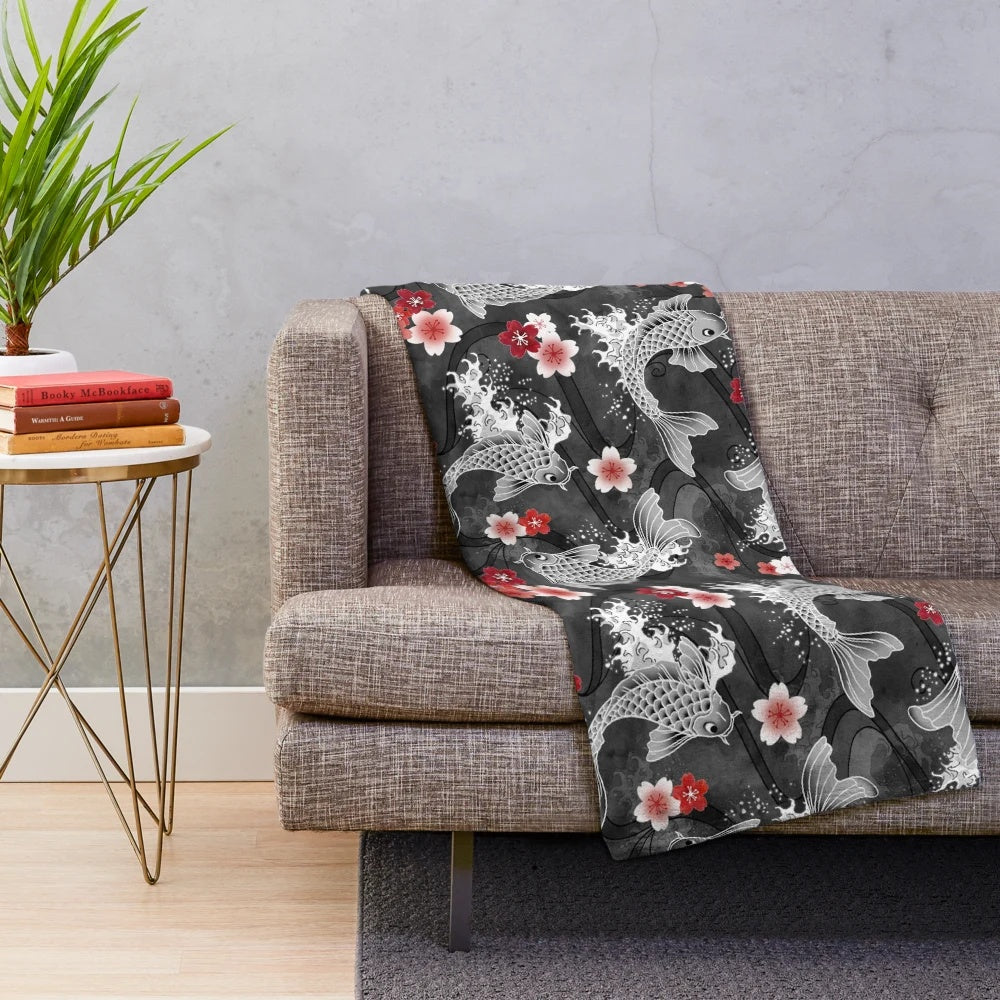 Sakura blossom and koi fish watercolor design on a cozy plush blanket