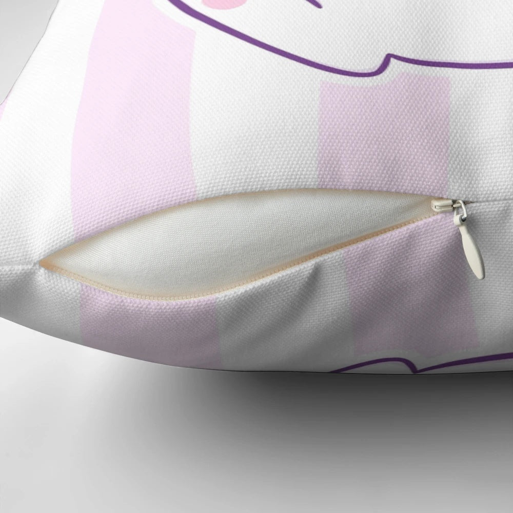 A pastel pink and white bunny pillow with cherry blossom petals, creating a magical and whimsical design.