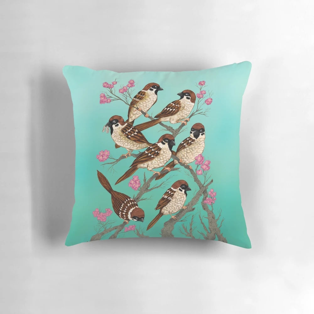 Beautifully detailed throw pillow featuring sakura blossoms and sparrows