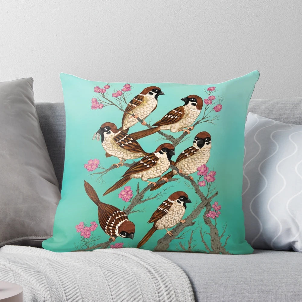 Beautifully detailed throw pillow featuring sakura blossoms and sparrows