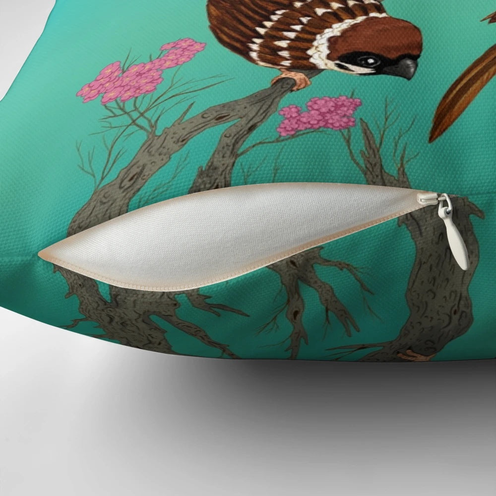 Beautifully detailed throw pillow featuring sakura blossoms and sparrows