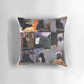 A decorative throw pillow featuring a whimsical design inspired by the Salem witch trials and 90s sitcom culture.