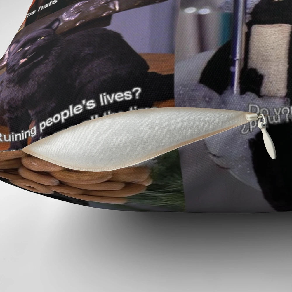 A decorative throw pillow featuring a whimsical design inspired by the Salem witch trials and 90s sitcom culture.